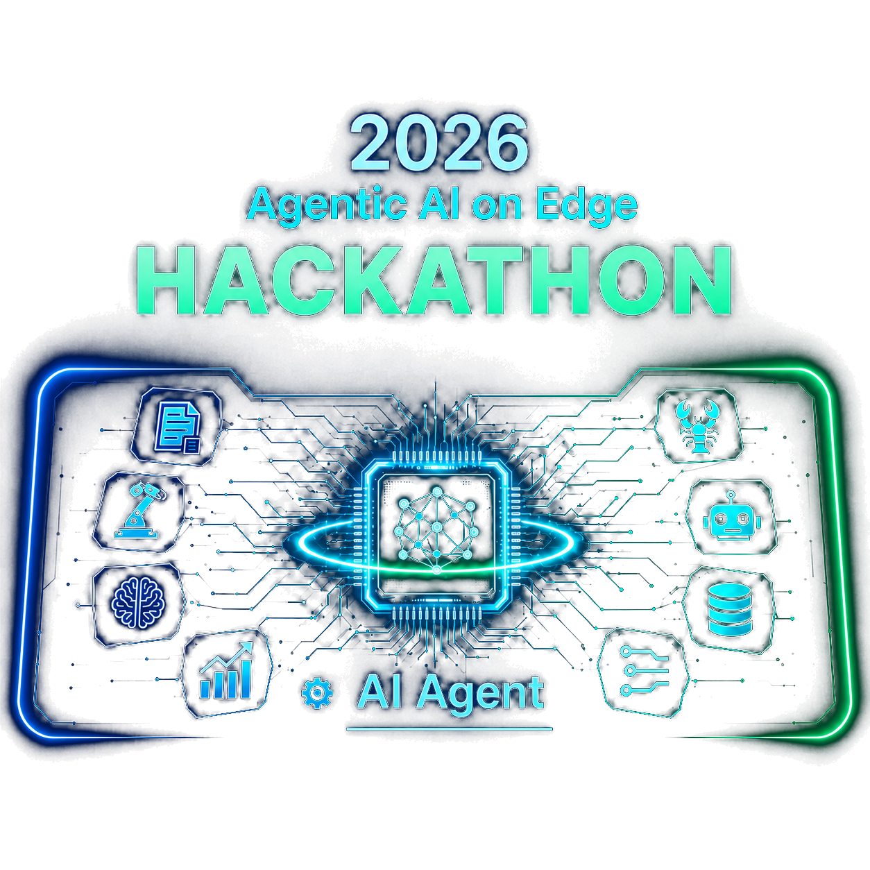 2026 Agentic AI on the Edge Hackathon 主視覺，中央為 AI 晶片與邊緣代理圖示